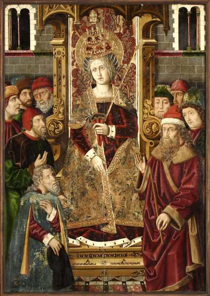 Miguel Ximénez [Public domain], <a href="https://commons.wikimedia.org/wiki/File:St-helena-enthroned-among-jews-jimenez-bernalt-spain-1480s.jpg"  target="_blank">via Wikimedia Commons</a>

<br />
<p><b>Description :</b><br />
Saint Helena enthroned among the Jews. Helena wears a trigregnum, symbolizing that she represents the Catholic Church</p>