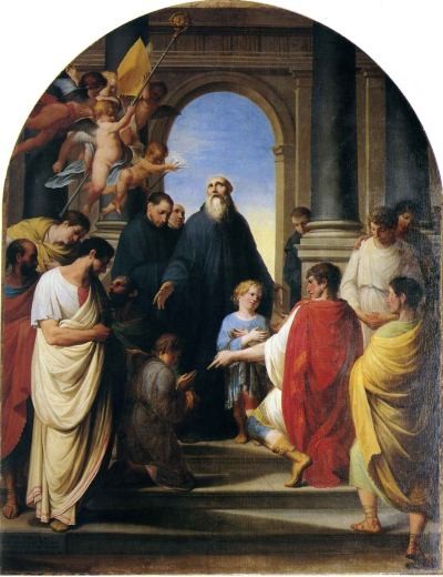 Saint Maurus was the first disciple of Saint Benedict of Nursia. He is mentioned in Saint Gregory the Great's biography of the latter as the first oblate; offered to the monastery by his noble Roman parents as a young boy to be brought up in the monastic life.

<a href="https://commons.wikimedia.org/wiki/File:Velasco_-La_presentazione_dei_Santi_Mauro_e_Placido_a_San_Benedetto.jpg" title="via Wikimedia Commons" target="_blank">Giuseppe Velasco</a> [Public domain]