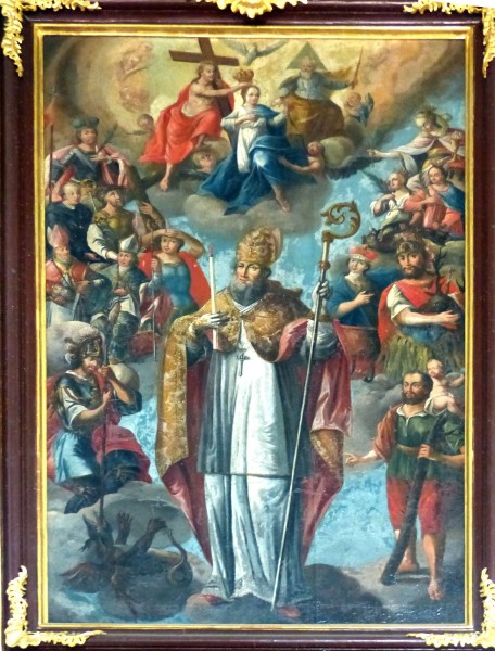 Saint Blaise is the patron saint of wool combers and throat disease. According to the Acta Sanctorum, he was martyred by being beaten, attacked with iron combs, and beheaded.

<a href="https://commons.wikimedia.org/wiki/File:Kellberg_Pfarrkirche_-_Altarbild_Blasius_1.jpg" title="via Wikimedia Commons" target="_blank">Wolfgang Sauber</a> [<a href="https://creativecommons.org/licenses/by-sa/4.0" target="_blank">CC BY-SA</a>]
