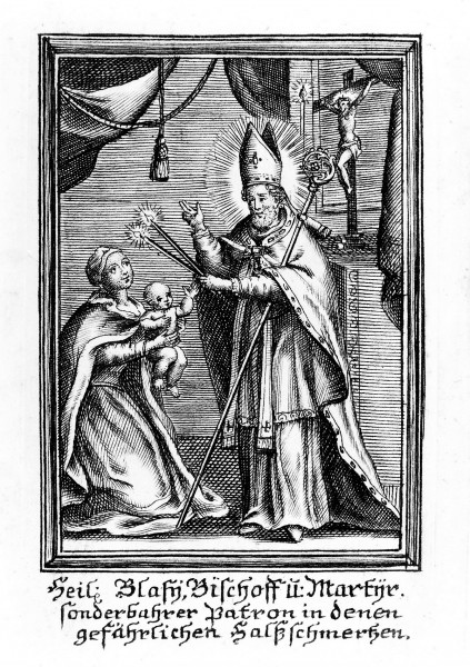 <a href="https://commons.wikimedia.org/wiki/File:Saint_Blaise_Wellcome_M0005647.jpg" title="via Wikimedia Commons" target="_blank">See page for author</a> [<a href="https://creativecommons.org/licenses/by/4.0" target="_blank">CC BY</a>]

Saint Blaise is the patron saint of wool combers and throat disease. According to the Acta Sanctorum, he was martyred by being beaten, attacked with iron combs, and beheaded.
