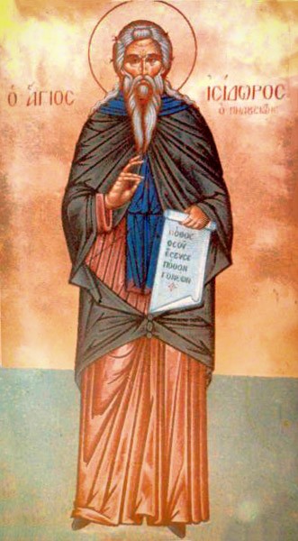 Saint Isidore of Pelusium was born in Egypt to a prominent Alexandrian family. He became an ascetic, and moved to a mountain near the city of Pelusium, in the tradition of the Desert Fathers. Following the example of St John Chrysostom, whom he had managed to see and hear during a trip to Constantinople, St Isidore devoted himself primarily to Christian preaching. Yet he writes in one letter, "It is more important to be proficient in good works than in golden-tongued preaching"

<a href="https://commons.wikimedia.org/wiki/File:Isidore_of_Pelusium.jpg" title="via Wikimedia Commons" target="_blank">http://www.svetigora.com/node/937</a> [Public domain]