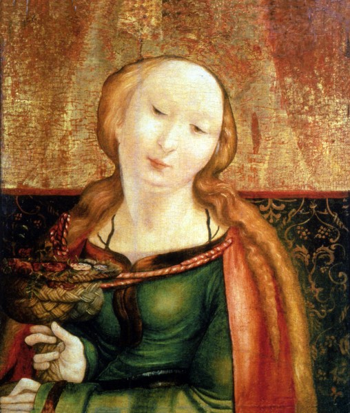 Saint Dorothy is a 4th-century virgin martyr who was executed at Caesarea Mazaca. Evidence for her actual historical existence or acta is very sparse. She is called a martyr of the Diocletianic Persecution.

<a href="https://commons.wikimedia.org/wiki/File:Matthias_Gruenewald-Coburger_Tafel-Heilige_Dorothea.jpg" title="via Wikimedia Commons" target="_blank">Mathias Grünewald</a> [Public domain]