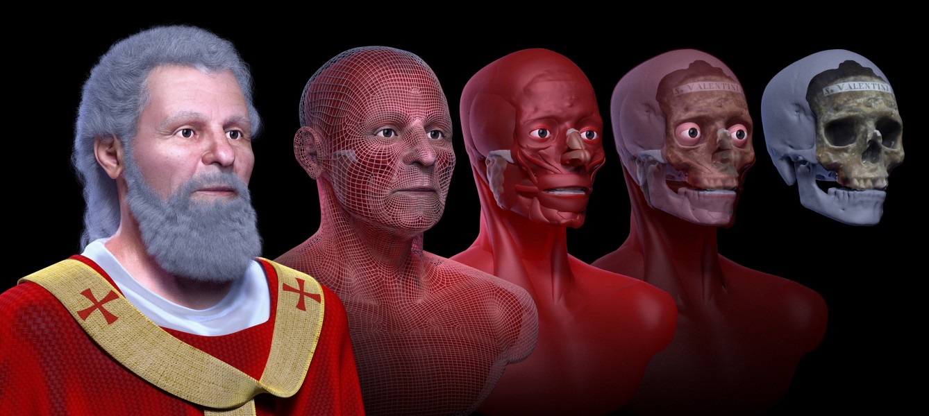 Stages of forensic facial reconstruction of Saint Valentine. Cícero Moraes, José Luís Lira, ABRHAGI, Santa Maria in Cosmedin, Marcos Paulo Salles Machado.

<a href="https://commons.wikimedia.org/wiki/File:Saint_Valentine_-_steps_of_facial_reconstruction.jpg" title="via Wikimedia Commons" target="_blank">Cicero Moraes</a> [<a href="https://creativecommons.org/licenses/by-sa/4.0" target="_blank">CC BY-SA</a>]