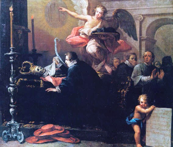 Saint Francis Borgia kneeling before the body of Queen Isabella of Spain before joining the Jesuit Order - Antonio Palomino, 17th century

<a href="https://commons.wikimedia.org/wiki/File:Antonio_Palomino_001.jpeg" title="via Wikimedia Commons" target="_blank">Antonio Palomino</a> / Public domain