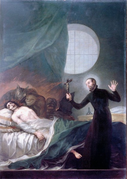 Saint Francis Borgia, SJ performing an exorcism - A painting by Goya 1788

<a href="https://commons.wikimedia.org/wiki/File:St._Francis_Borgia_Helping_a_Dying_Impenitent_by_Goya.jpg" title="via Wikimedia Commons" target="_blank">Francisco Goya</a> / Public domain
