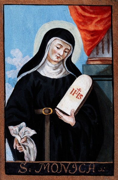 Saint Monica by Gouache. 


<a href="https://commons.wikimedia.org/wiki/File:Saint_Monica._Gouache._Wellcome_V0033329.jpg" target="_blank">See page for author</a>, <a href="https://creativecommons.org/licenses/by/4.0" target="_blank">CC BY 4.0</a>, via Wikimedia Commons