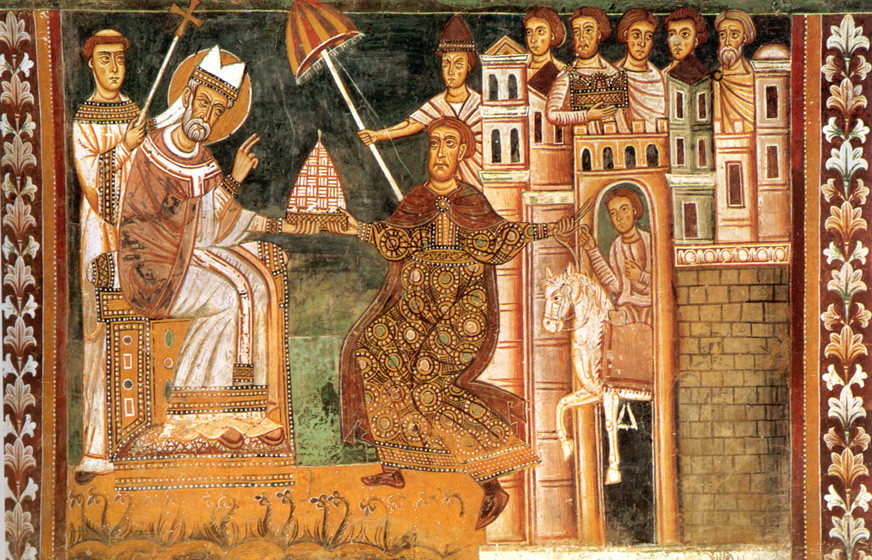 Pope Silvester and Constantine the Great 
<a href="https://commons.wikimedia.org/wiki/File:Sylvester_I_and_Constantine.jpg">Unknown medieval artist in Rome</a>, Public domain, via Wikimedia Commons